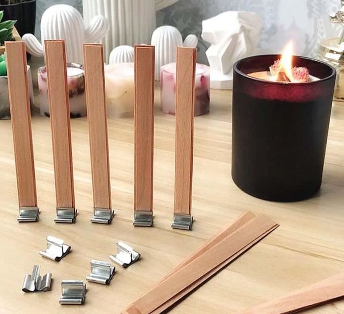 Vente de mèches en bois double avec pied pour bougies coulées en contenant